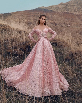 Pink Off-The-Shoulder Long-Sleeves Lace Applique Princess  Prom Dresses_2