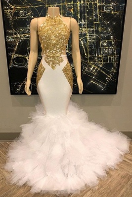 Sleeveless Golden Appliques Tulle Button Mermaid Long Prom Dresses_3