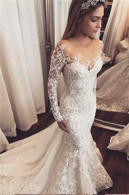 Gorgeous Beads Lace Appliques Off The Shoulder Wedding Dresses | Ruffles See Through Long Sleeve  Bridal Gowns_1