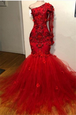 Glamorous Red One Shoulder Long Sleeve Appliques Mermaid Prom Dresses_1