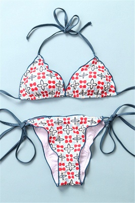 Floral Prints Triangle Pads Halter Bandage Two Piece Sexy Bikini Swimwear_2