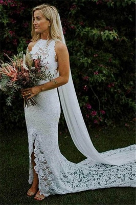 Latest Lace Appliques Halter Open Back  Mermaid Wedding Dresses | Sexy Side Slit Sleeveless  Bridal Gowns_1