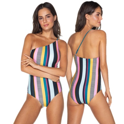 One-shoulder Colorful Sripes One Piece Swimwear_6