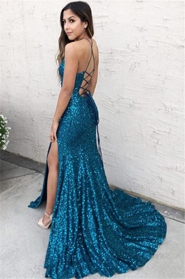 Glamorous Blue Halter Sequins Side-Slit Criss-Cross Sexy Mermaid Prom Dress_2