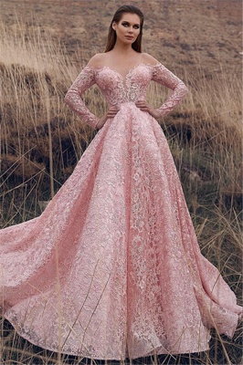 Pink Off-The-Shoulder Long-Sleeves Lace Applique Princess  Prom Dresses_1