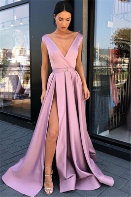 Pink Straps Deep-V-Neck Side-Slit  Prom Dresses_1