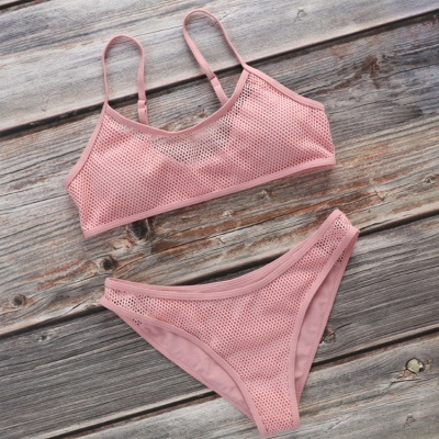 Plain V-neck Mesh Spaghetti Two Piece Sexy Bikini Sets_7