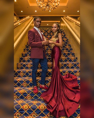 Sexy Burgundy High-Neck Appliques Sexy Mermaid Prom Dress_2