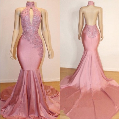 Halter Backless Sexy Mermaid Appliques Long Train Prom Dresses_3