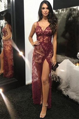 Robe de soirée détachable en tulle fendu sur le côté en dentelle à col en V bordeaux bordeaux_2