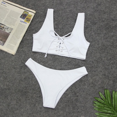 Schlichte Riemen Schnürung Zweiteilige Bikini-Sets mit hoher Taille_5