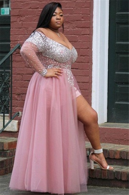 Pink Off-The-Shoulder Long-Sleevees Tulle  Prom Dresses_2