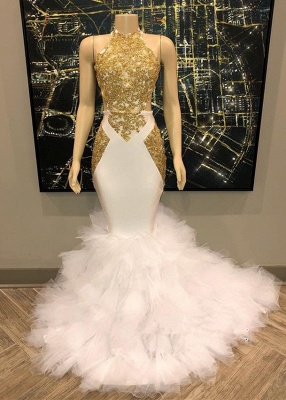 Sleeveless Golden Appliques Tulle Button Mermaid Long Prom Dresses_1