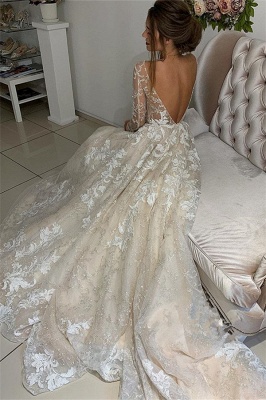 Glamouröse Spitze Applikationen V-Ausschnitt Brautkleider | Sheer Long Sleeves rückenfreie Blumen Brautkleider_3