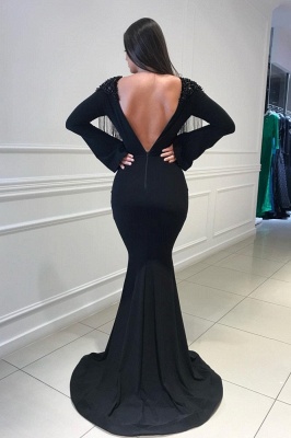 Long Sleeves Sexy Mermaid Deep V-neck Tassel Beading Open Back Prom Dresses_4