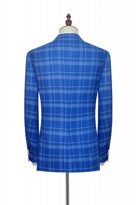 2021 Blue Grid Double Breasted Custom Suit For Men | Modern Peak Lapel 2 Pockets Wedding Suit For Groom_3