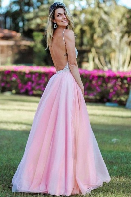 Pink Spaghetti-Straps Appliques Backless A-Line Prom Dresses_2