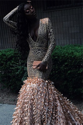 Glamorous Lone-Sleeves V-Neck Applique Long Sexy Mermaid Prom Dresses_2