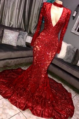 Glamorous Mermaid Long Sleeve Deep V-neck Lace Appliques Long Prom Dresses_1