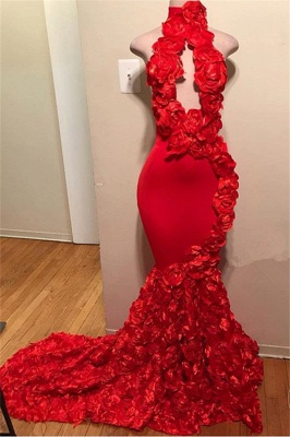 Glamorous Red Halter Flowers Sleeveless Mermaid Prom Dresses_1