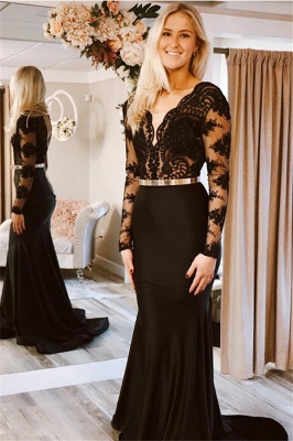 Glamorous Black Lone-Sleeves Lace Applique Long Sexy Mermaid Prom Dresses_1