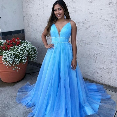 Sky Blue Spaghetti-Straps  Tulle Sleeveless Prom Dress_3