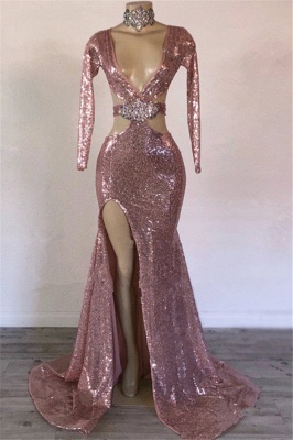 Glamorous Sequins V-Neck Long Sleeve Side Slit Mermaid Long Prom Dresses_1