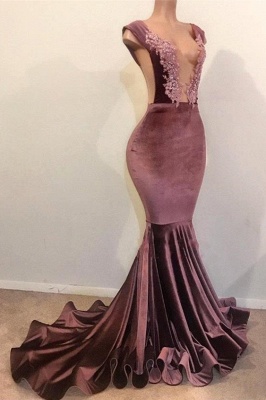 Mermaid Sleeveless Floor Length Appliques Velvet Long Prom Dresses_2