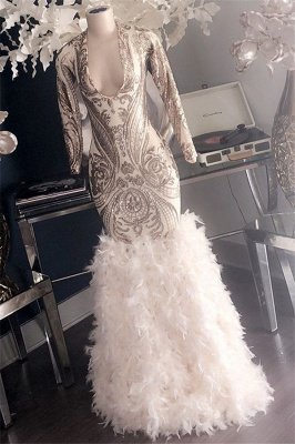 Glamorous Appliques Fur V-Neck Long Sleeve Mermaid Long Prom Dresses_2