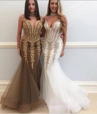 Sweetheart Spaghetti Golden Appliques Tulle Sexy Mermaid Prom Dresses_1
