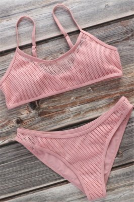 Plain V-neck Mesh Spaghetti Two Piece Sexy Bikini Sets_2