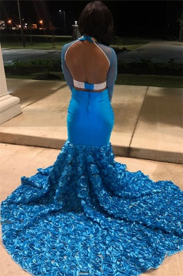 Glamouröse blaue schiere Tüll Lone-Sleeves Blume Applique Mermaid Prom Dresses_2