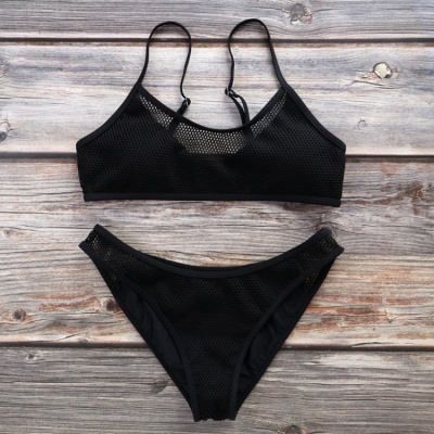 Plain V-neck Mesh Spaghetti Two Piece Sexy Bikini Sets_13