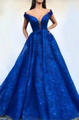 Royal Blue Off-The-Shoulder Appiques A-Line Prom Dress_1