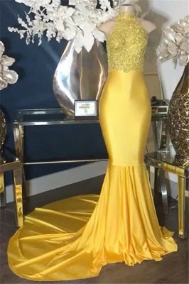 Yellow Appliques High Neck Sleeveless Mermaid Prom Dresses_1