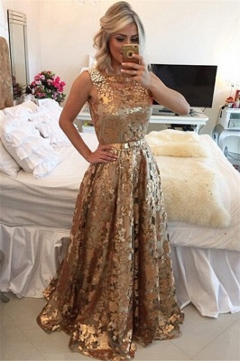 Chic Gold Straps Beaded Sequins Sleeveless Prom Dress_1