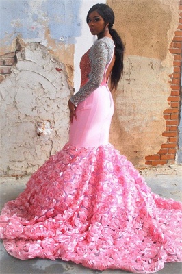 Glamorous Pink Flower Long-Sleeves Sexy Mermaid Backless Evening Gown_2