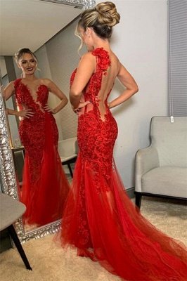 Burgundy One-Shoulder Lace Applique Backless Sexy Mermaid Tullle Prom Dresses_2