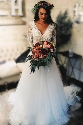 Robes de mariée appliques élégant v-cou | Robes de mariée florales à manches longues_1