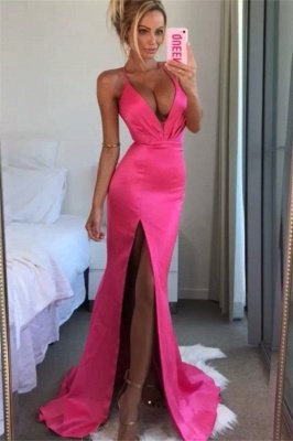 Sexy Spaghetti-Straps V-Neck Side-Slit Sleeveless Prom Dress_1