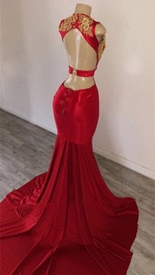 Burgundy Straps Appliques Sleeveless Open Back Mermaid Long Prom Dresses_2