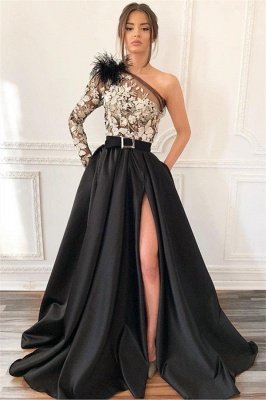 Sexy Blcak One-Shoulder Side-Slit Feather Applique Prom Dress_1