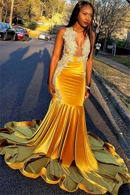 Glamorous Yellow Velvet V-Neck Sleeveless Sexy Mermaid Prom Dress_1