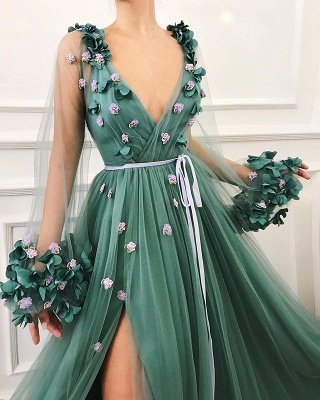 Chic Green Long-Sleeves Tulle Side-Slit  Prom Dress_2