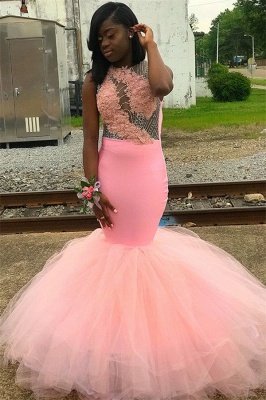 Pink Sleeveless Appliques Backless Tulle Sexy Mermaid Prom Dresses_1