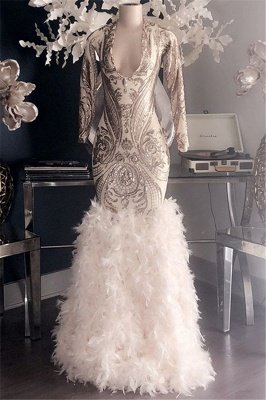 Glamorous Appliques Fur V-Neck Long Sleeve Mermaid Long Prom Dresses_1