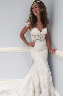 Latest Lace V-Neck Wedding Dresses Sexy | Ruffles See Through Cap Sleeve  Bridal Gowns_1