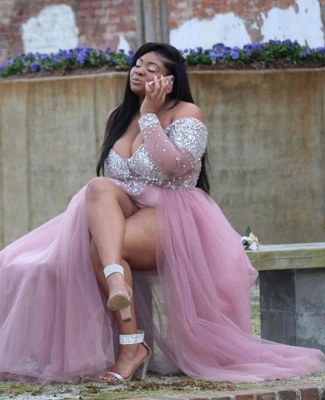 Pink Off-The-Shoulder Long-Sleevees Tulle  Prom Dresses_3