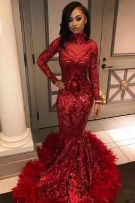 Burgundy Sexy Mermaid Sequins Long Sleeves High Neck Prom Dresses_2