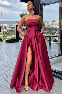 Burgundy Strapless Side-Slit  Evening Gown_1